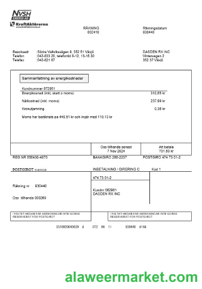 Sweden NVSH Energi business utility bill template in Word and PDF formats
